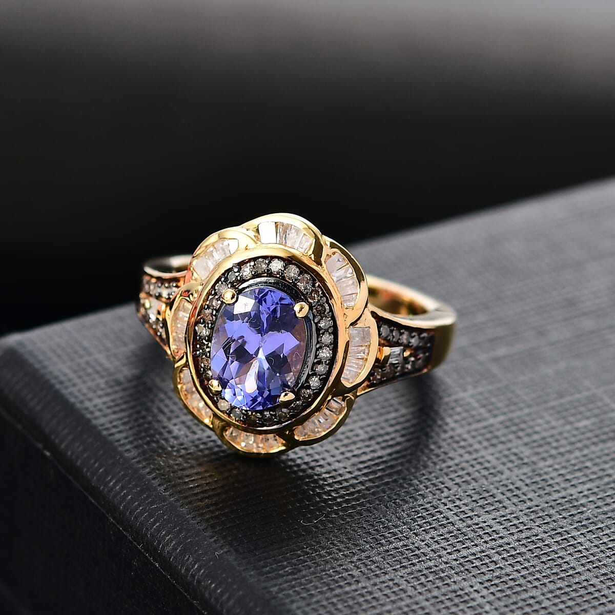 Tanzanite, Natural Champagne and White Diamond 1.85 ctw Royal Scarlet Ring in 18K Vermeil Yellow Gold Over Sterling Silver (Size 7.0) image number 1