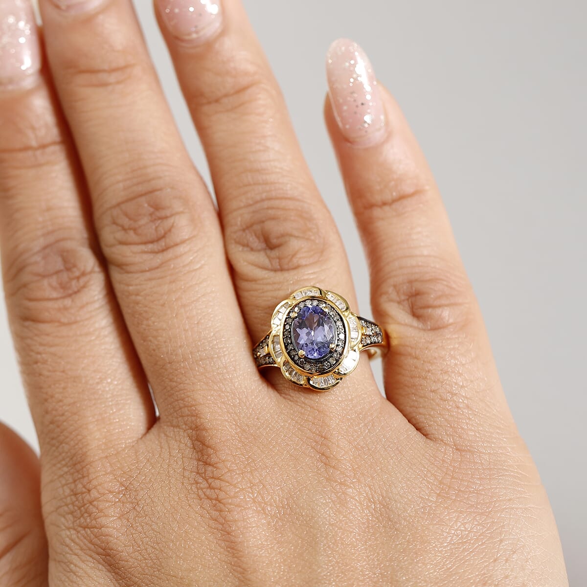 Tanzanite, Natural Champagne and White Diamond 1.85 ctw Royal Scarlet Ring in 18K Vermeil Yellow Gold Over Sterling Silver (Size 7.0) image number 2