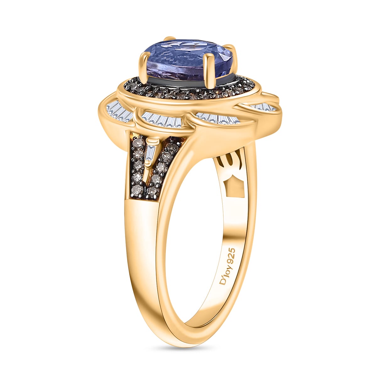 Tanzanite, Natural Champagne and White Diamond 1.85 ctw Royal Scarlet Ring in 18K Vermeil Yellow Gold Over Sterling Silver (Size 7.0) image number 3