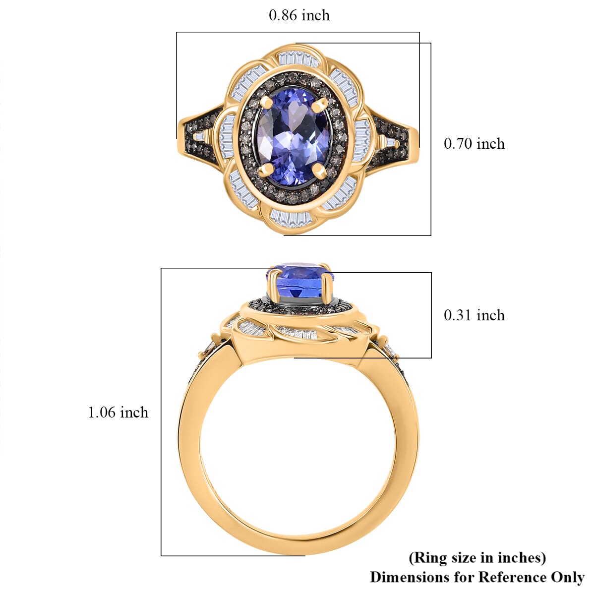 Tanzanite, Natural Champagne and White Diamond 1.85 ctw Royal Scarlet Ring in 18K Vermeil Yellow Gold Over Sterling Silver (Size 7.0) image number 5