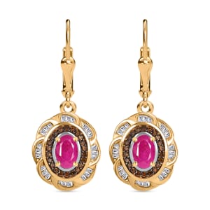 AAA Royal Ruby, Red Diamond IR and Diamond 1.85 ctw Royal Scarlet Lever Back Earrings in 18K Vermeil Yellow Gold Over Sterling Silver