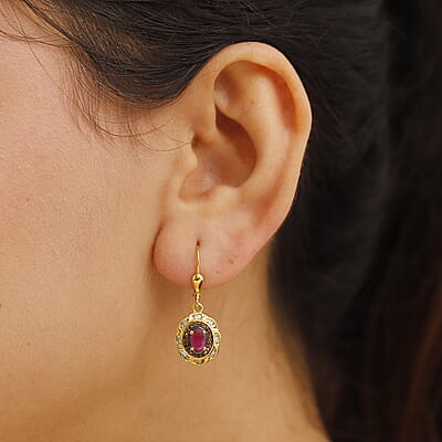 D'Joy AAA Royal Ruby, Red Diamond IR and Diamond 1.85 ctw Royal Scarlet Lever Back Earrings in 18K Vermeil Yellow Gold Over Sterling Silver