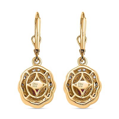 D'Joy AAA Royal Ruby, Red Diamond IR and Diamond 1.85 ctw Royal Scarlet Lever Back Earrings in 18K Vermeil Yellow Gold Over Sterling Silver