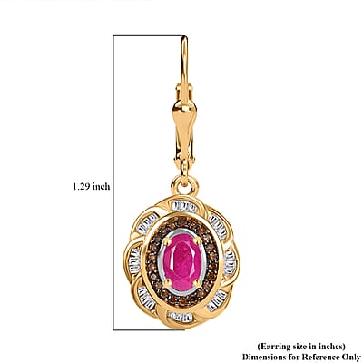 D'Joy AAA Royal Ruby, Red Diamond IR and Diamond 1.85 ctw Royal Scarlet Lever Back Earrings in 18K Vermeil Yellow Gold Over Sterling Silver