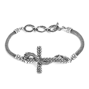 Bali Legacy Sterling Silver Tulang Naga Chain Dragon Cross Bracelet (6.50-8.0In) 12.40 Grams