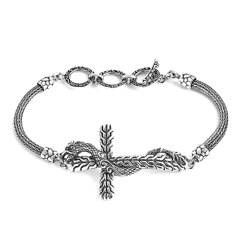 Bali Legacy Sterling Silver Tulang Naga Chain Dragon Cross Bracelet (6.50-8.0In) 12.40 Grams