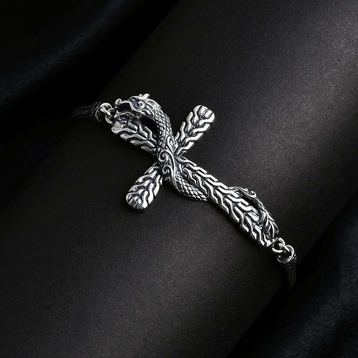 Bali Legacy Sterling Silver Tulang Naga Chain Dragon Cross Bracelet (6.50-8.0In) 12.40 Grams image number 1