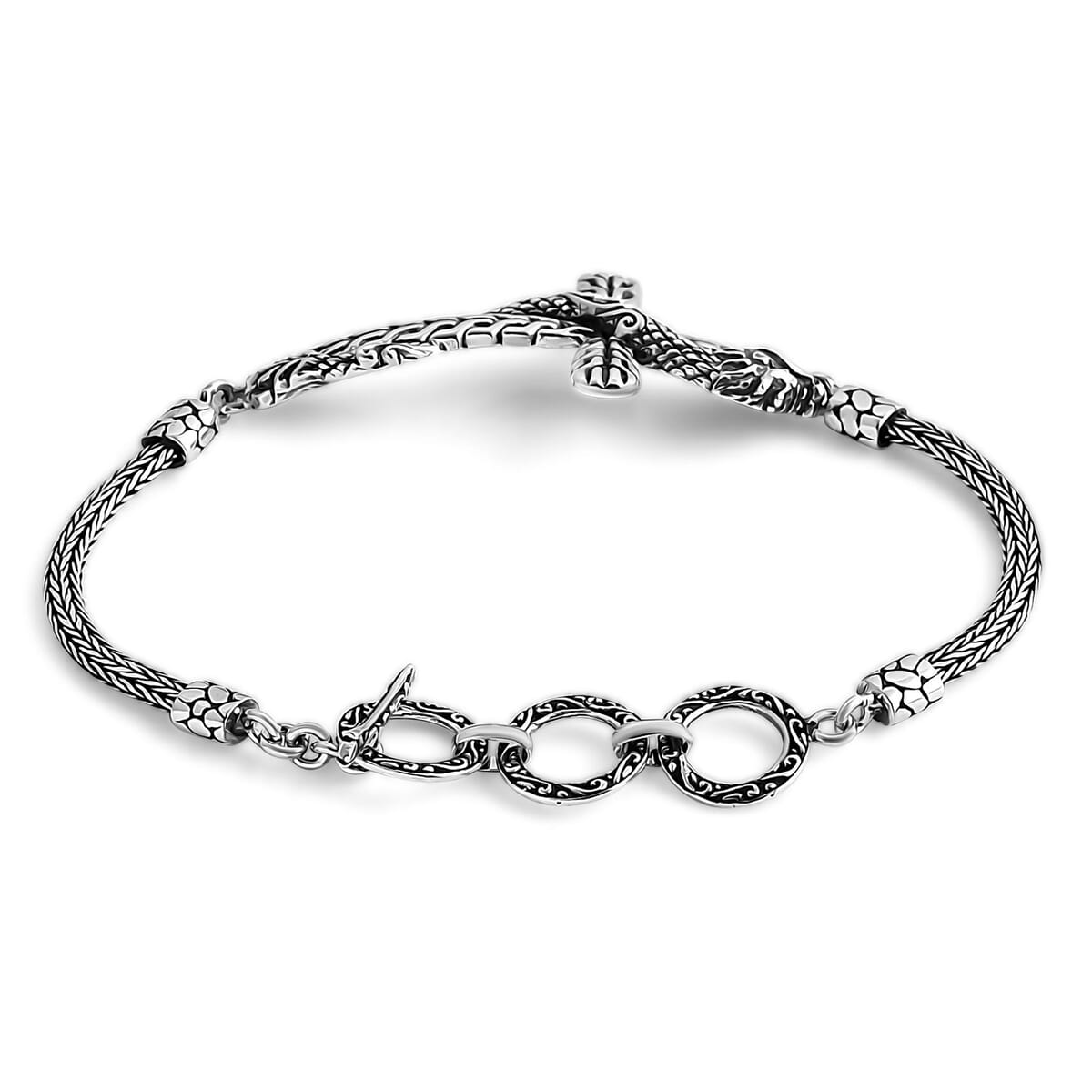 Bali Legacy Sterling Silver Tulang Naga Chain Dragon Cross Bracelet (6.50-8.0In) 12.40 Grams image number 3
