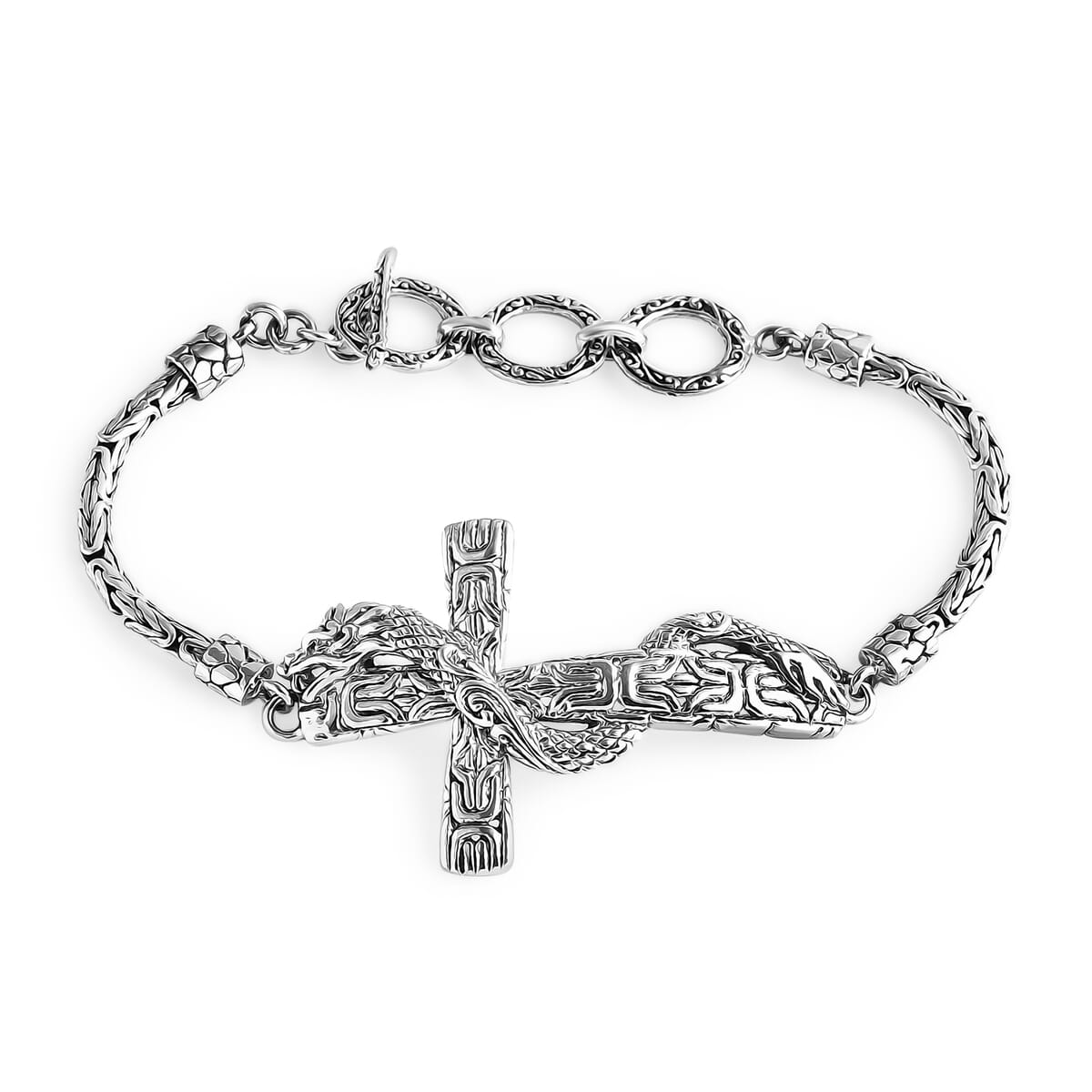 Bali Legacy Sterling Silver Borobudur Chain Dragon Cross Bracelet (6.50-8.0In) 12.40 Grams image number 0