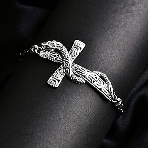 Bali Legacy Sterling Silver Borobudur Chain Dragon Cross Bracelet (6.50-8.0In) 12.40 Grams