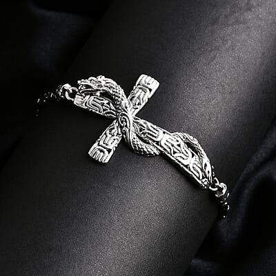 Bali Legacy Sterling Silver Borobudur Chain Dragon Cross Bracelet (6.50-8.0In) 12.40 Grams