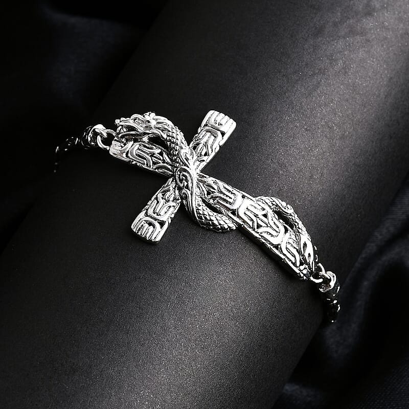 Bali Legacy Sterling Silver Borobudur Chain Dragon Cross Bracelet (6.50-8.0In) 12.40 Grams