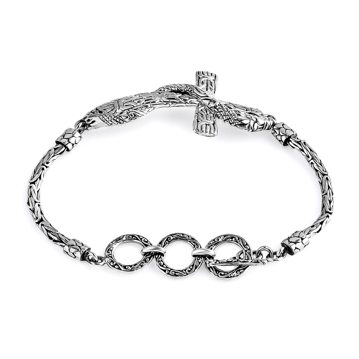 Bali Legacy Sterling Silver Borobudur Chain Dragon Cross Bracelet (6.50-8.0In) 12.40 Grams image number 4