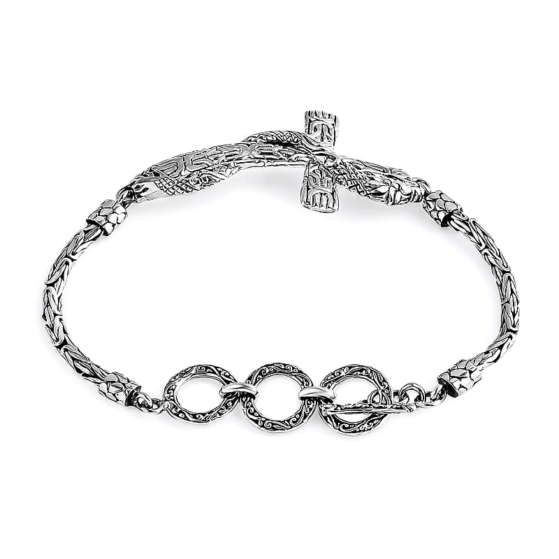 Bali Legacy Sterling Silver Borobudur Chain Dragon Cross Bracelet (6.50-8.0In) 12.40 Grams