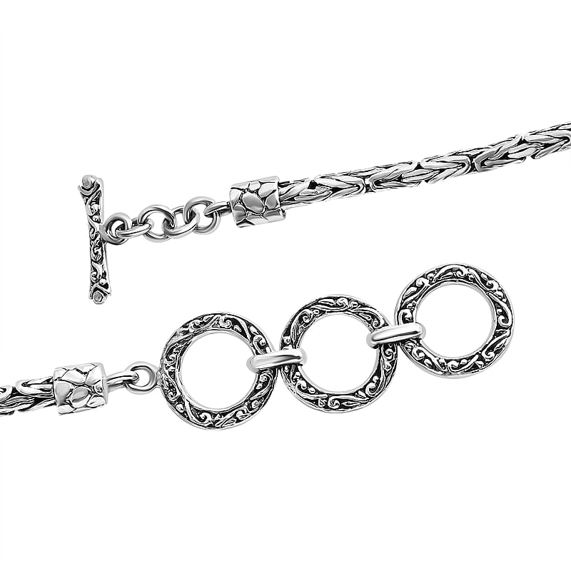 Bali Legacy Sterling Silver Borobudur Chain Dragon Cross Bracelet (6.50-8.0In) 12.40 Grams