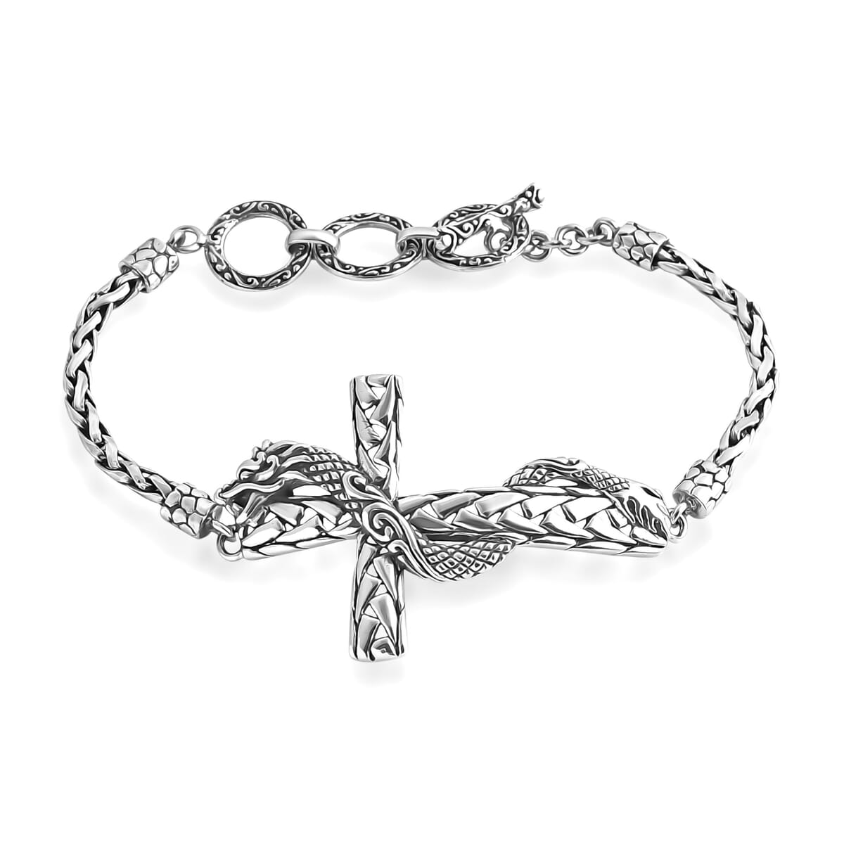 Bali Legacy Sterling Silver Padian Chain Dragon Cross Bracelet (6.50-8.0In) 12.90 Grams image number 0