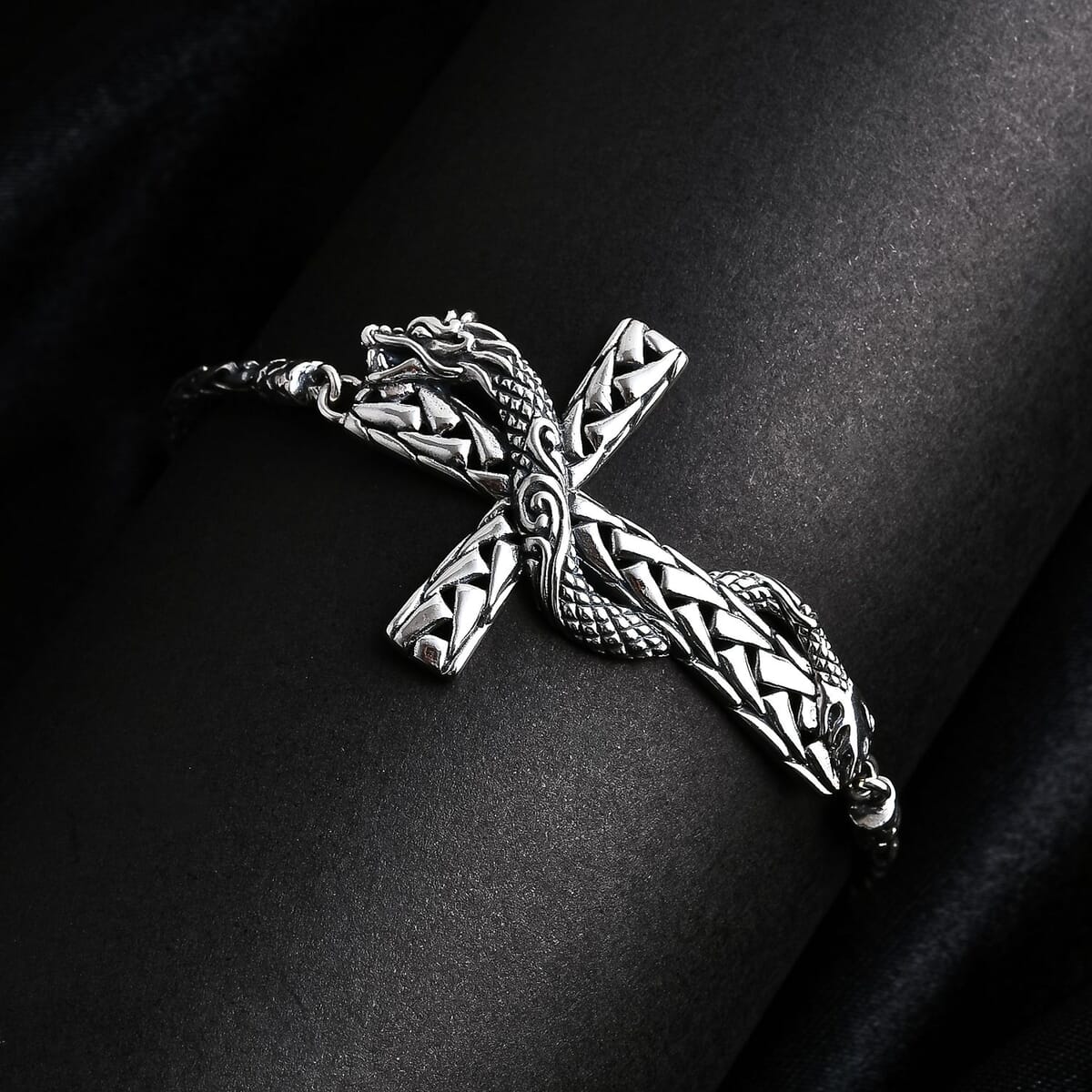 Bali Legacy Sterling Silver Padian Chain Dragon Cross Bracelet (6.50-8.0In) 12.90 Grams image number 1