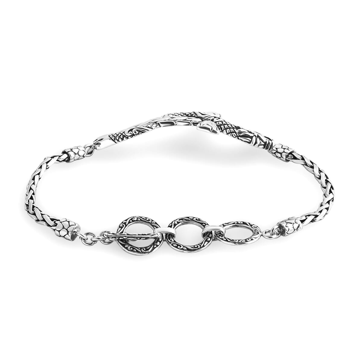 Bali Legacy Sterling Silver Padian Chain Dragon Cross Bracelet (6.50-8.0In) 12.90 Grams image number 3