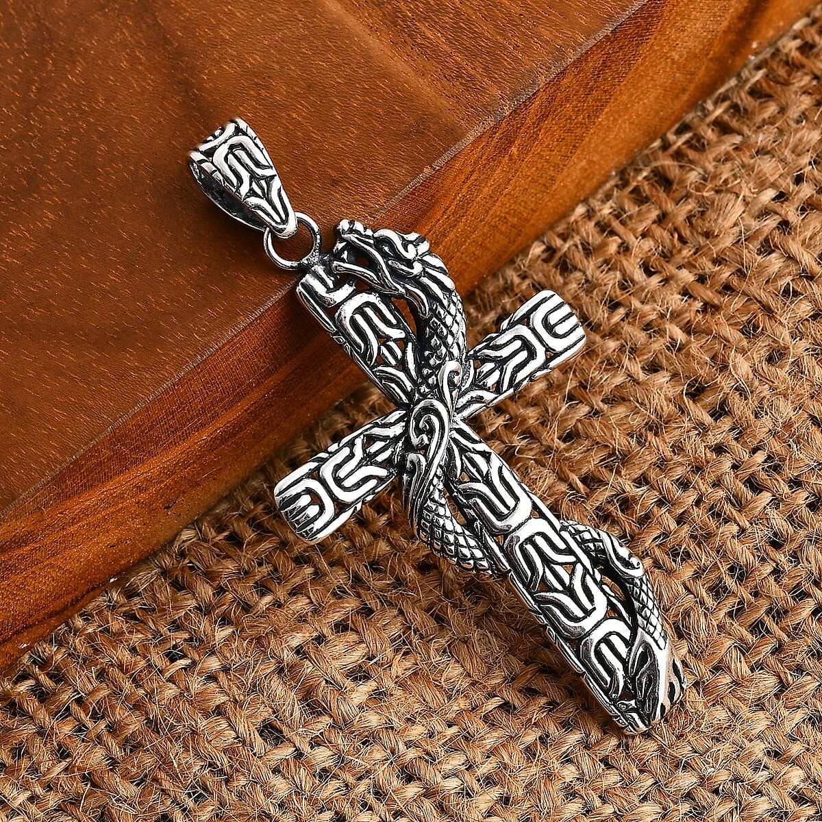 Bali Legacy Sterling Silver Borobudur Chain Dragon Cross Pendant 5.60 Grams image number 2