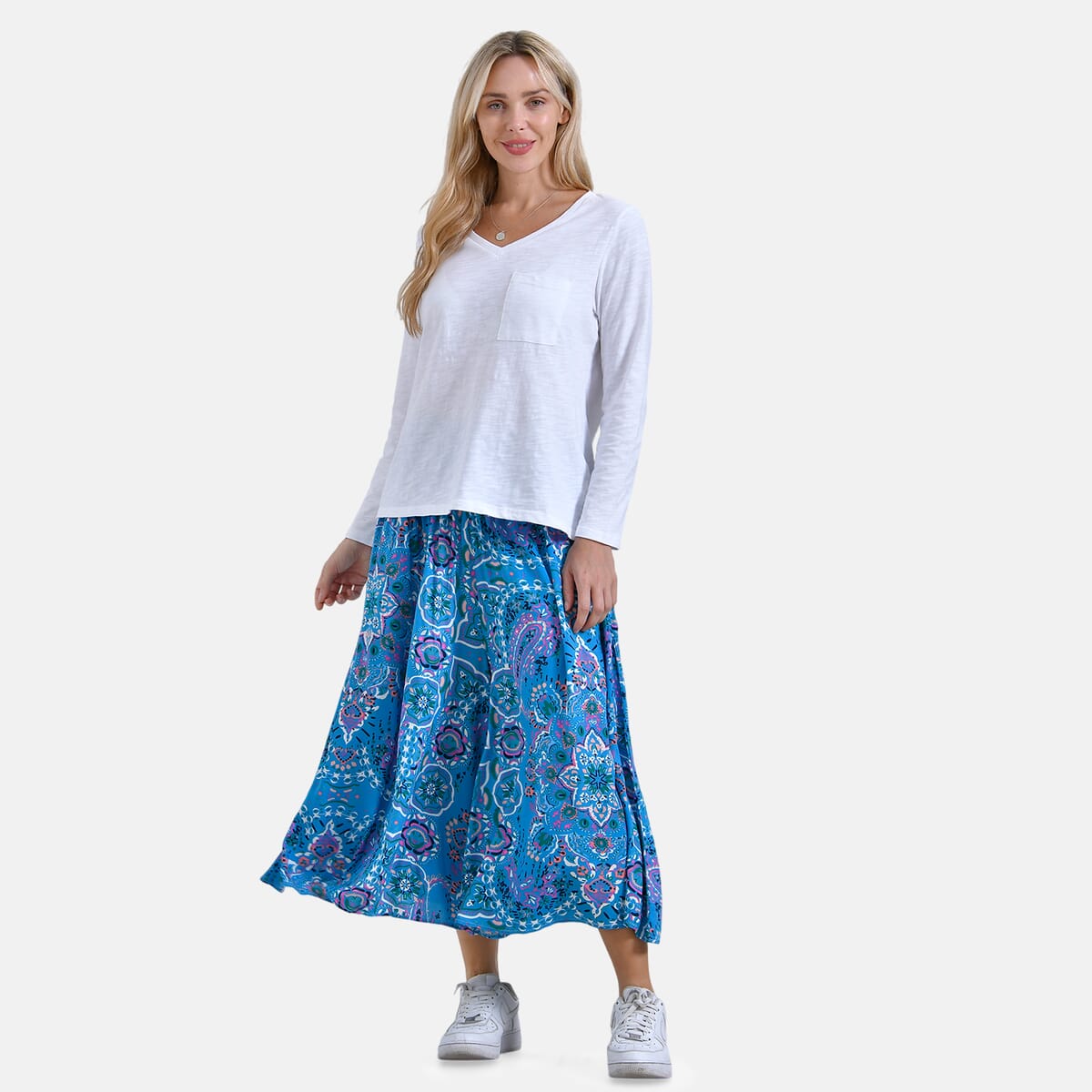 Blue Bandana Wide Leg Culotte Smocked Stretch Pant with Pockets- One Size Fits Most image number 0