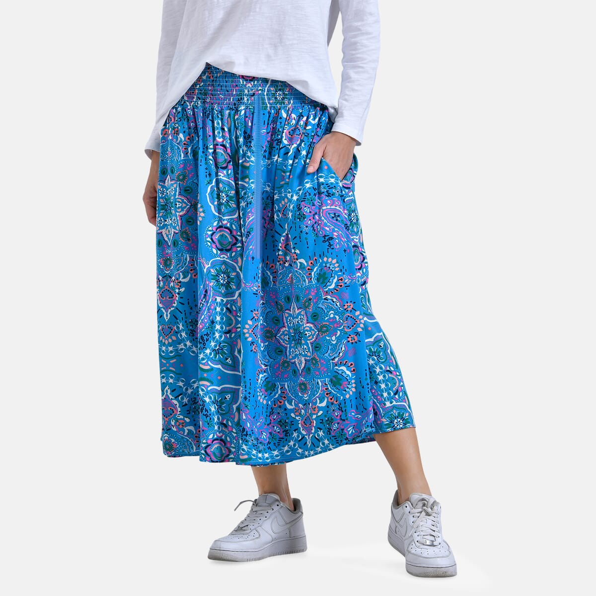 Blue Bandana Wide Leg Culotte Smocked Stretch Pant with Pockets- One Size Fits Most image number 1