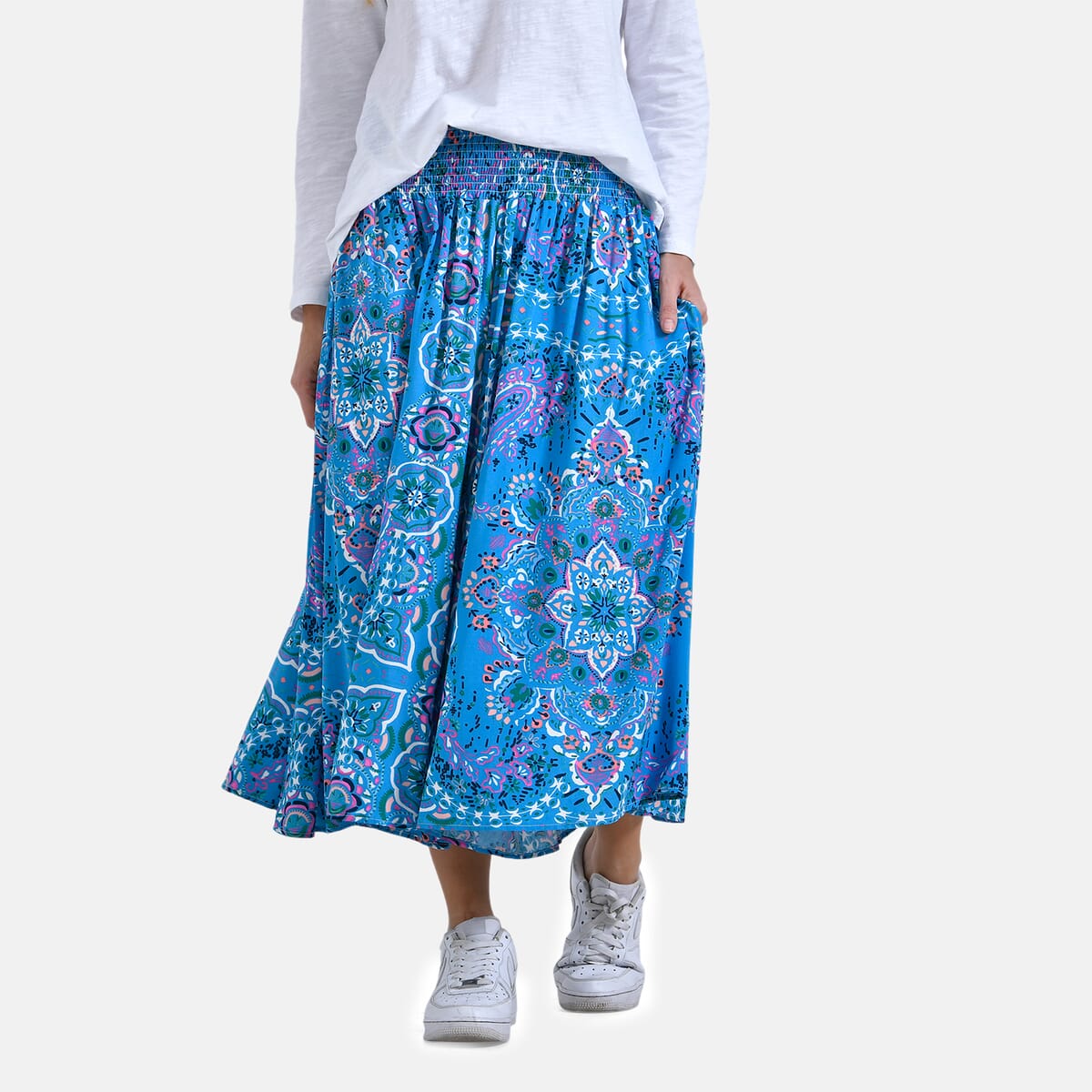 Blue Bandana Wide Leg Culotte Smocked Stretch Pant with Pockets- One Size Fits Most image number 2