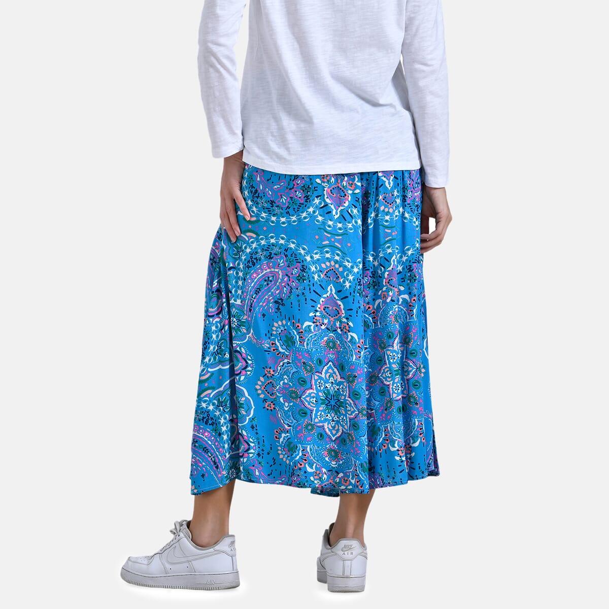 Blue Bandana Wide Leg Culotte Smocked Stretch Pant with Pockets- One Size Fits Most image number 3