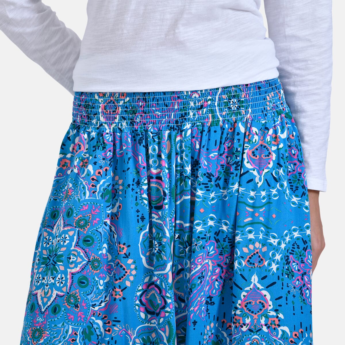 Blue Bandana Wide Leg Culotte Smocked Stretch Pant with Pockets- One Size Fits Most image number 4