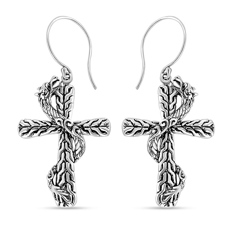 Bali Legacy Sterling Silver Tulang Naga Chain Dragon Cross Earrings 5.90 Grams