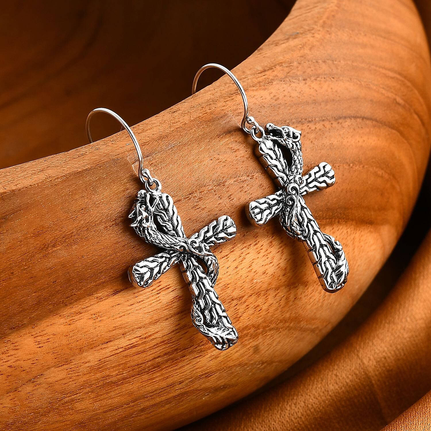 Bali Legacy Sterling Silver Tulang Naga Chain Dragon Cross Earrings 5.90 Grams
