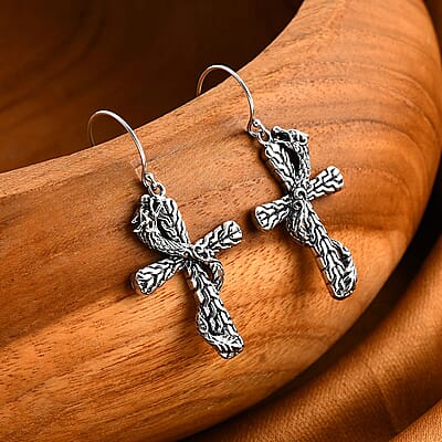 Bali Legacy Sterling Silver Tulang Naga Chain Dragon Cross Earrings 5.90 Grams
