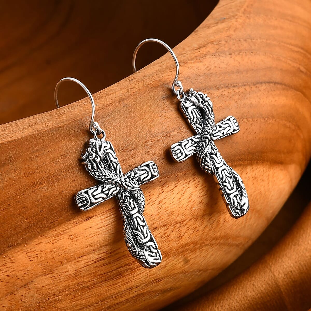 Bali Legacy Sterling Silver Borobudur Chain Dragon Cross Earrings 5.65 Grams image number 1