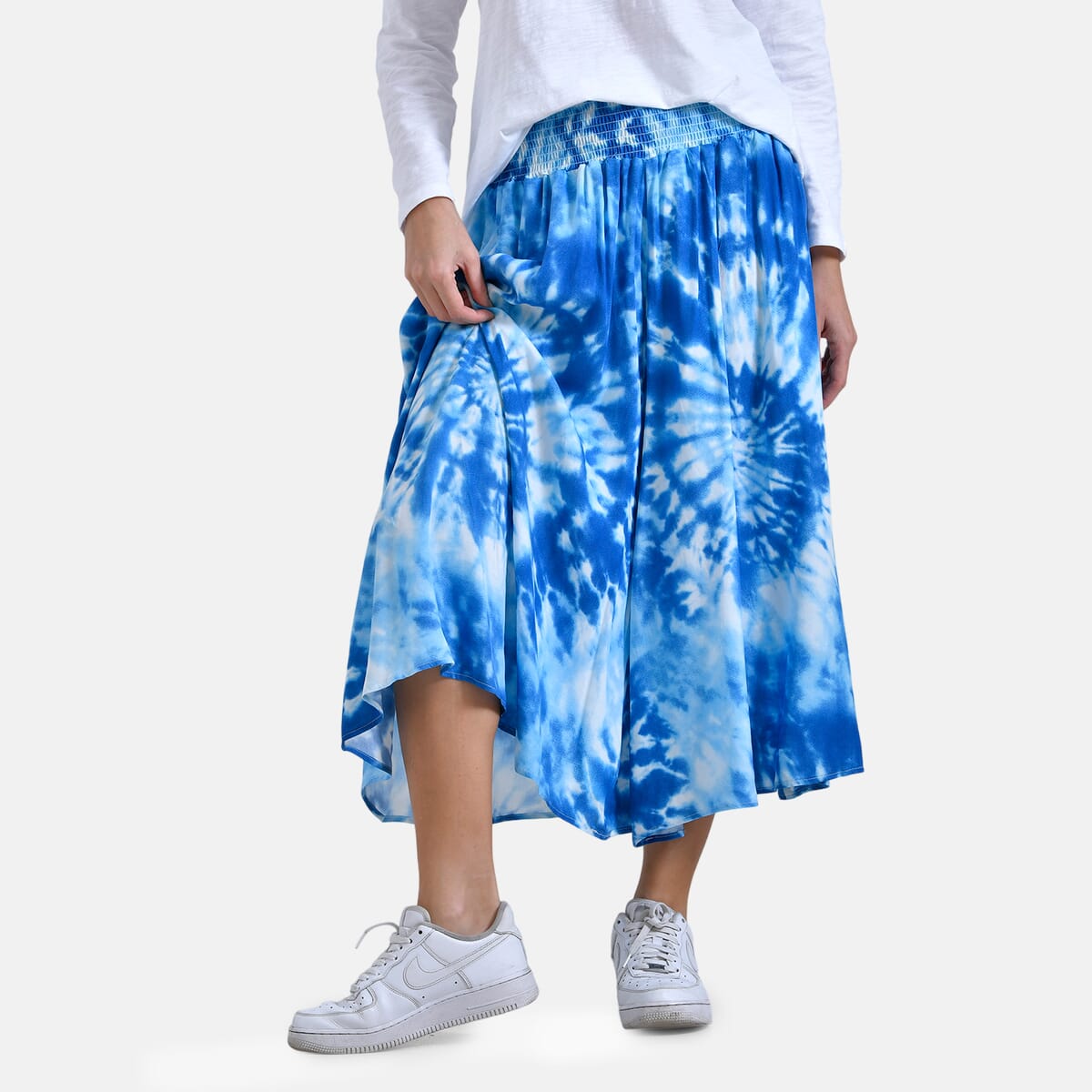 Blue Tie Dye Leg Culotte Smocked Stretch Pant with Pockets- One Size Fits Most image number 0