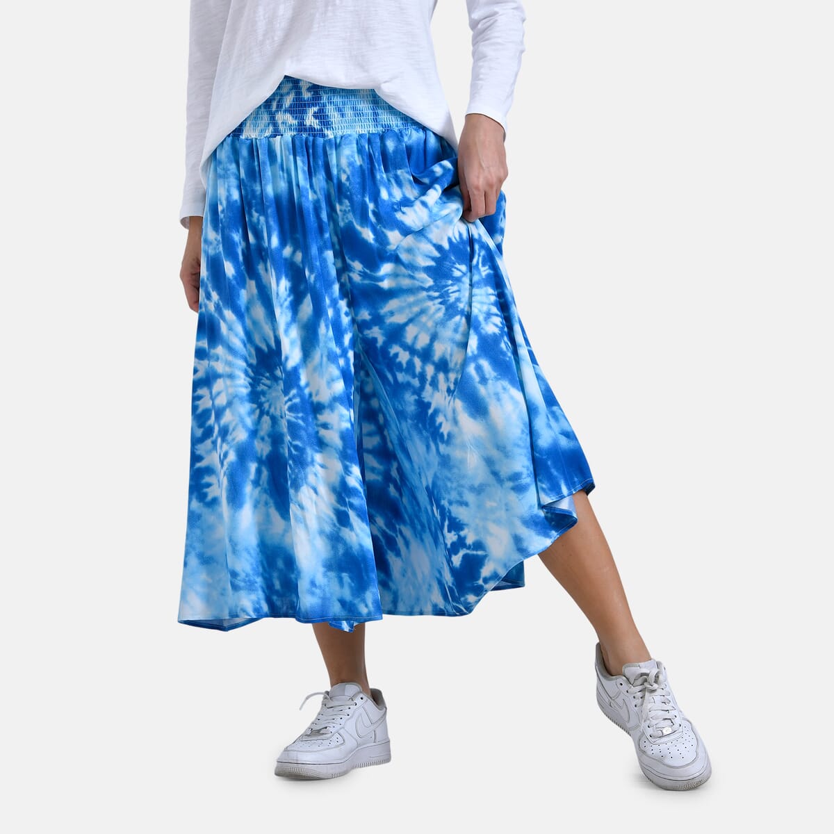 Blue Tie Dye Leg Culotte Smocked Stretch Pant with Pockets- One Size Fits Most image number 2