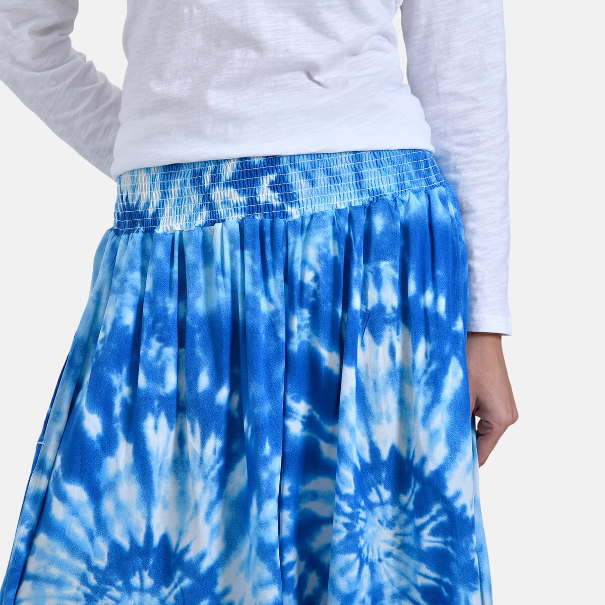 Blue Tie Dye Leg Culotte Smocked Stretch Pant with Pockets- One Size Fits Most image number 3