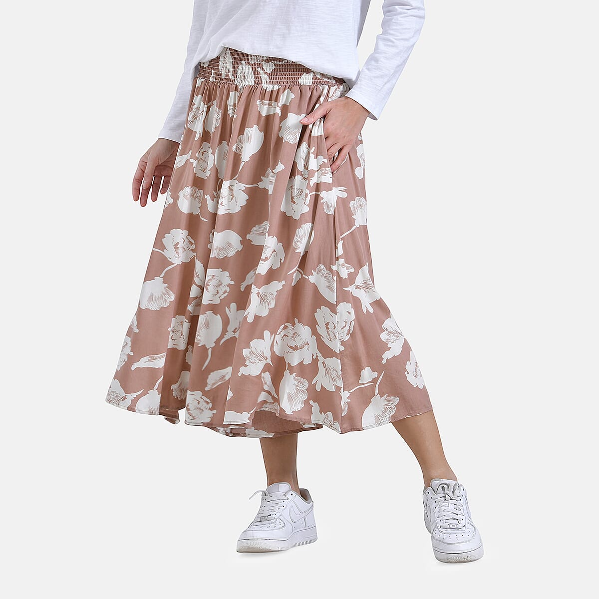 Tan Floral Wide Leg Culotte Smocked Stretch Pant with Pockets- One Size Fits Most image number 0