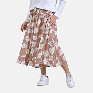 Tan Floral Wide Leg Culotte Smocked Stretch Pant with Pockets- One Size Fits Most