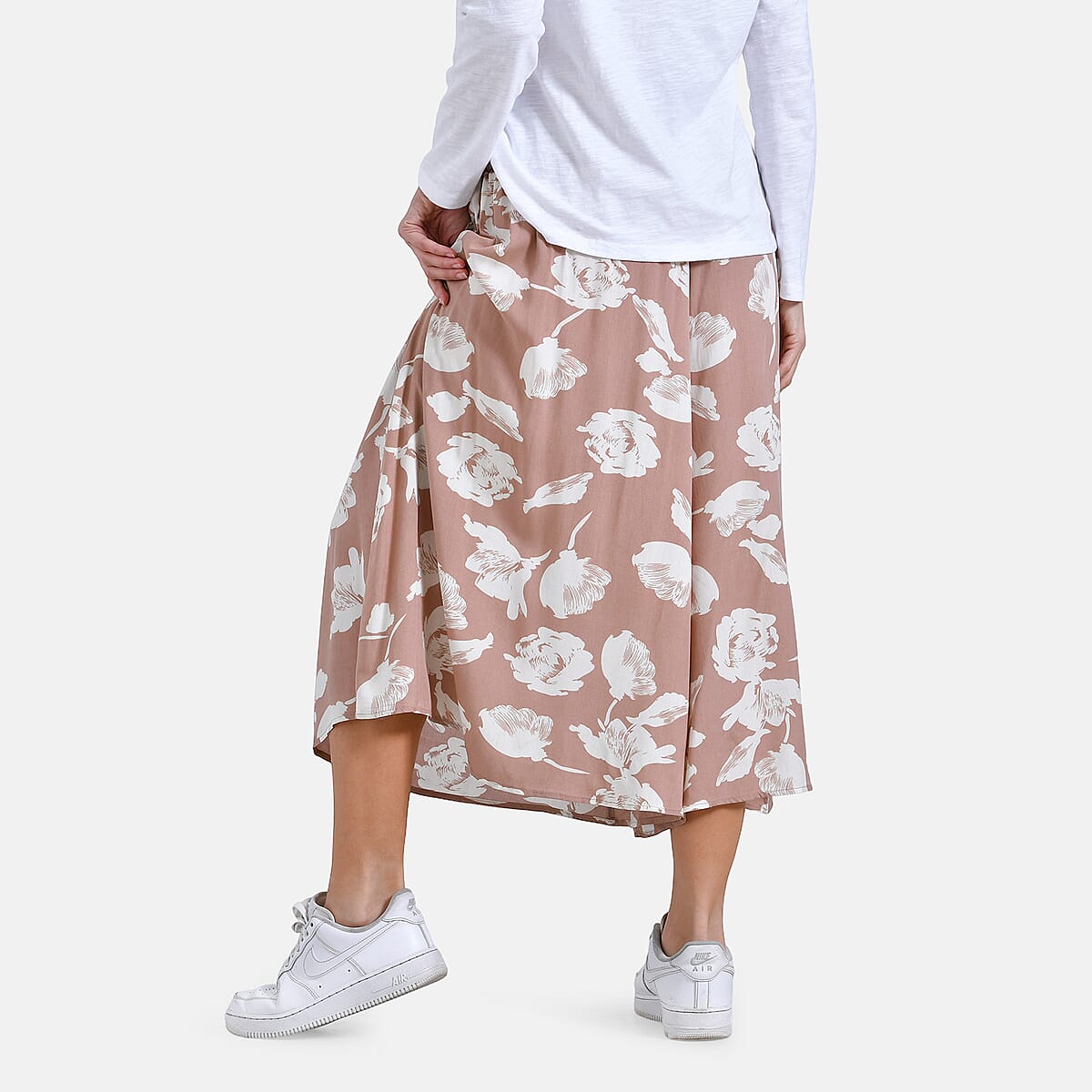Tan Floral Wide Leg Culotte Smocked Stretch Pant with Pockets- One Size Fits Most image number 1
