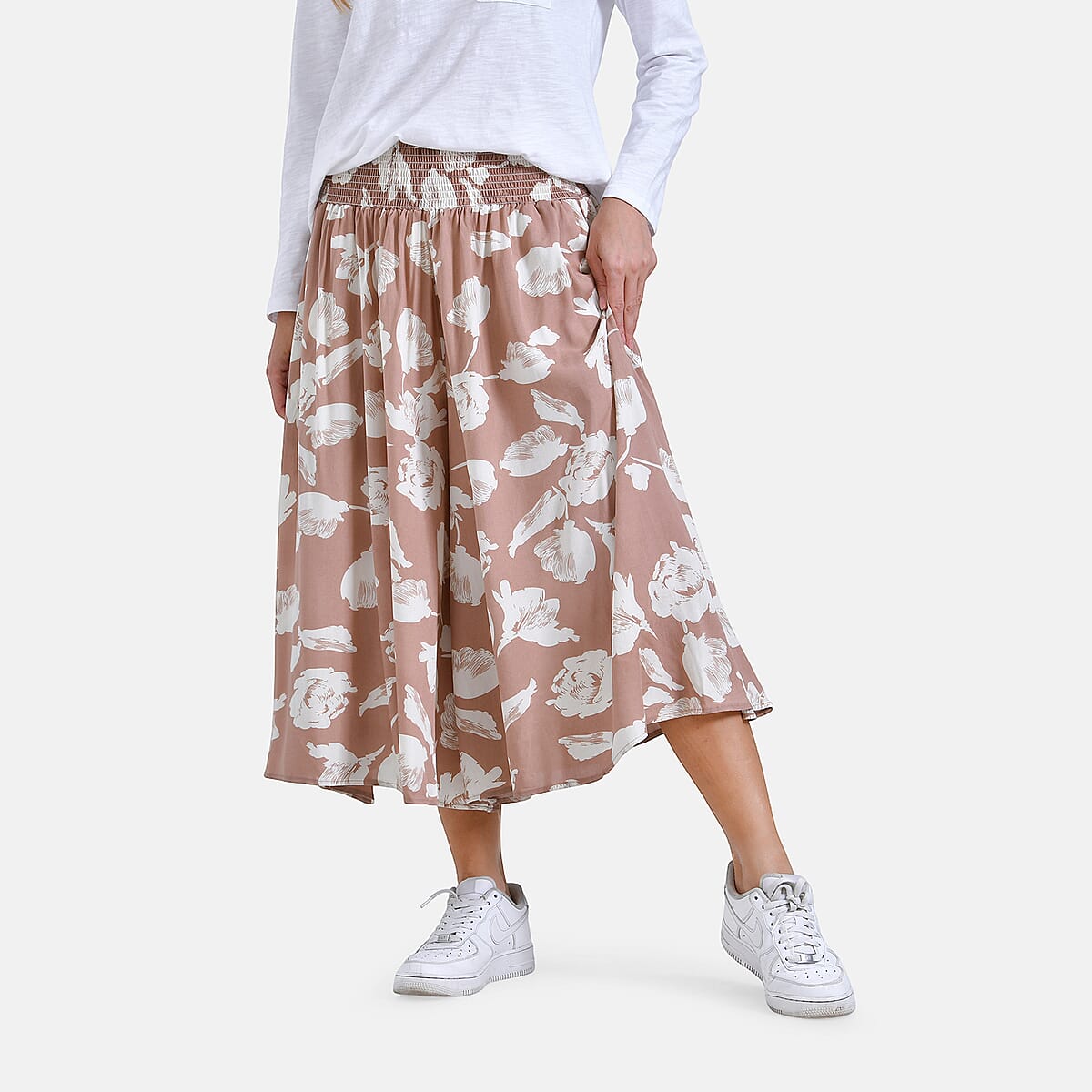 Tan Floral Wide Leg Culotte Smocked Stretch Pant with Pockets- One Size Fits Most image number 2