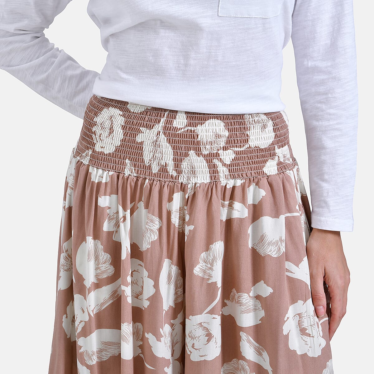 Tan Floral Wide Leg Culotte Smocked Stretch Pant with Pockets- One Size Fits Most image number 3