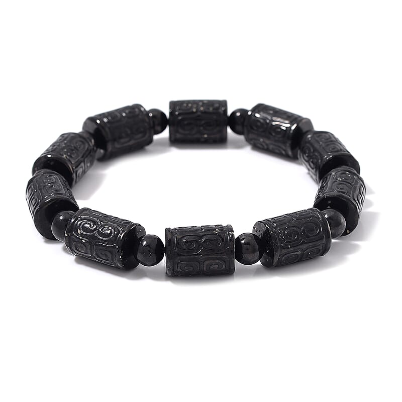 Shungite 120.00 ctw Carved Beaded Stretch Bracelet
