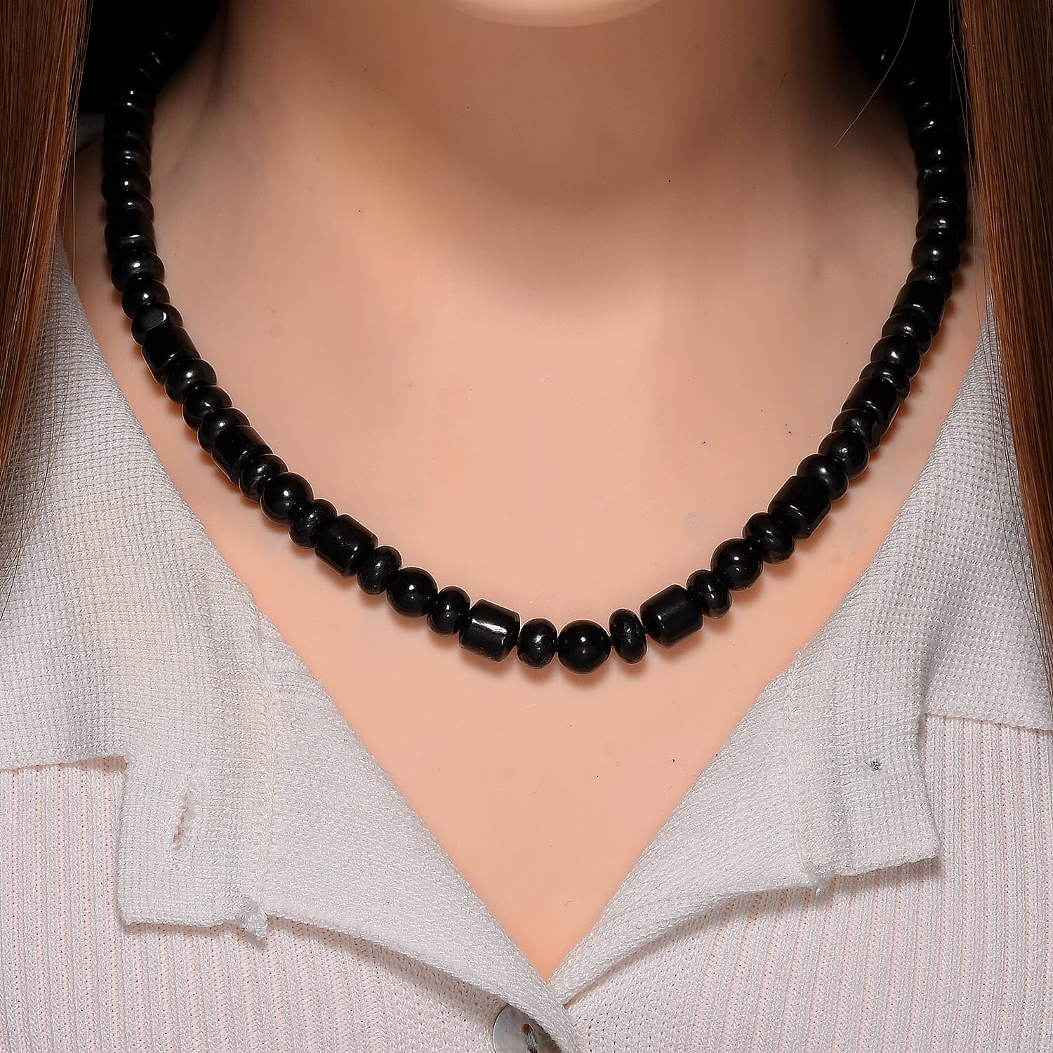 Shungite 90.00 ctw Beaded Necklace in Rhodium Over Sterling Silver 20 Inches