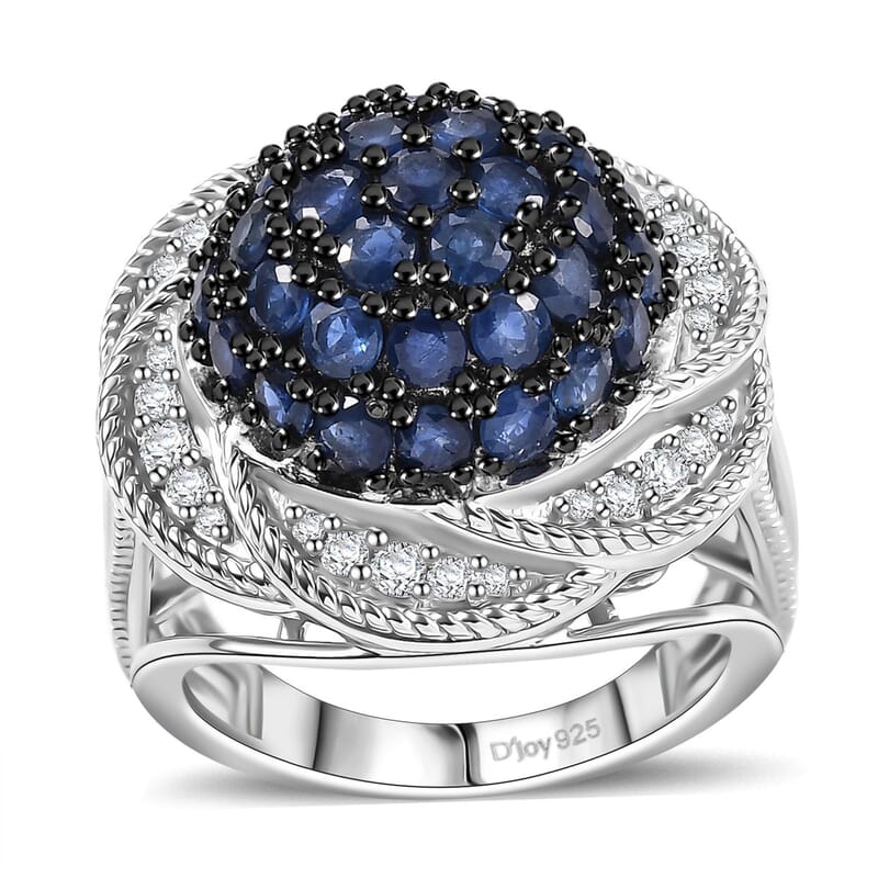 D'Joy Madagascar Blue Sapphire and White Zircon 3.25 ctw Radiant Galaxy Ring in Rhodium Over Sterling Silver (Size 10.0)