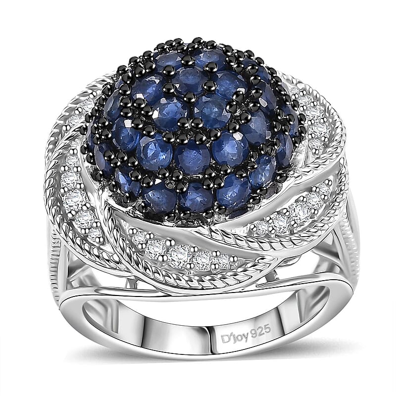 D'Joy Madagascar Blue Sapphire and White Zircon 3.25 ctw Radiant Galaxy Ring in Rhodium Over Sterling Silver (Size 10.0)