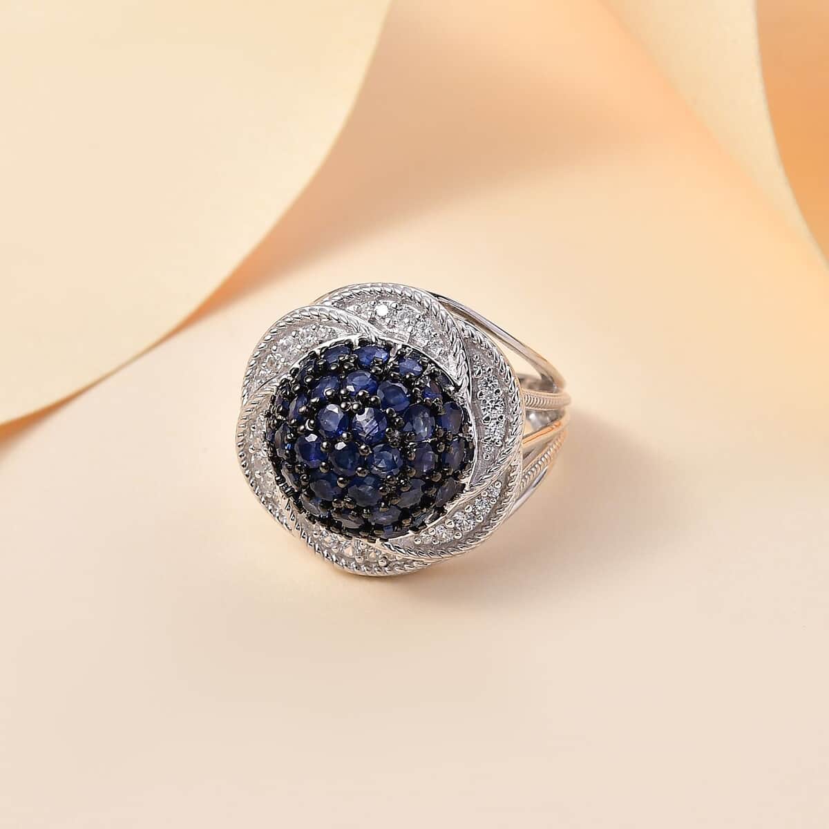 Madagascar Blue Sapphire and White Zircon 3.25 ctw Radiant Galaxy Ring in Rhodium Over Sterling Silver (Size 10.0) image number 1