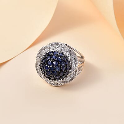 D'Joy Madagascar Blue Sapphire and White Zircon 3.25 ctw Radiant Galaxy Ring in Rhodium Over Sterling Silver (Size 10.0)