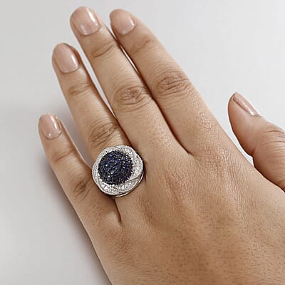D'Joy Madagascar Blue Sapphire and White Zircon 3.25 ctw Radiant Galaxy Ring in Rhodium Over Sterling Silver (Size 10.0)