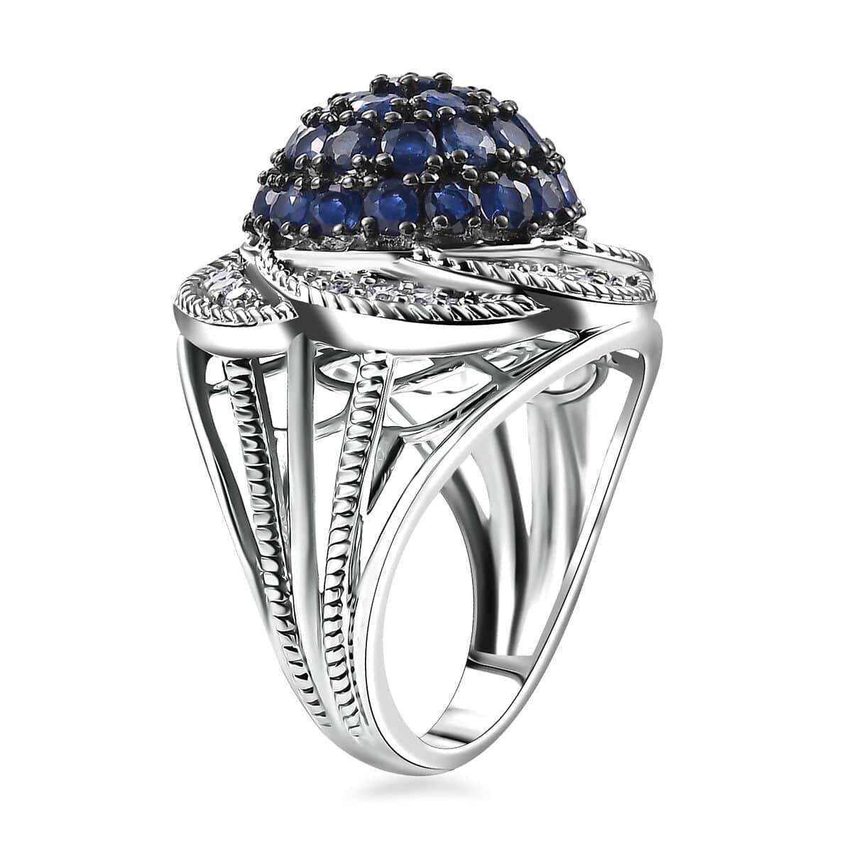 Madagascar Blue Sapphire and White Zircon 3.25 ctw Radiant Galaxy Ring in Rhodium Over Sterling Silver (Size 10.0) image number 3