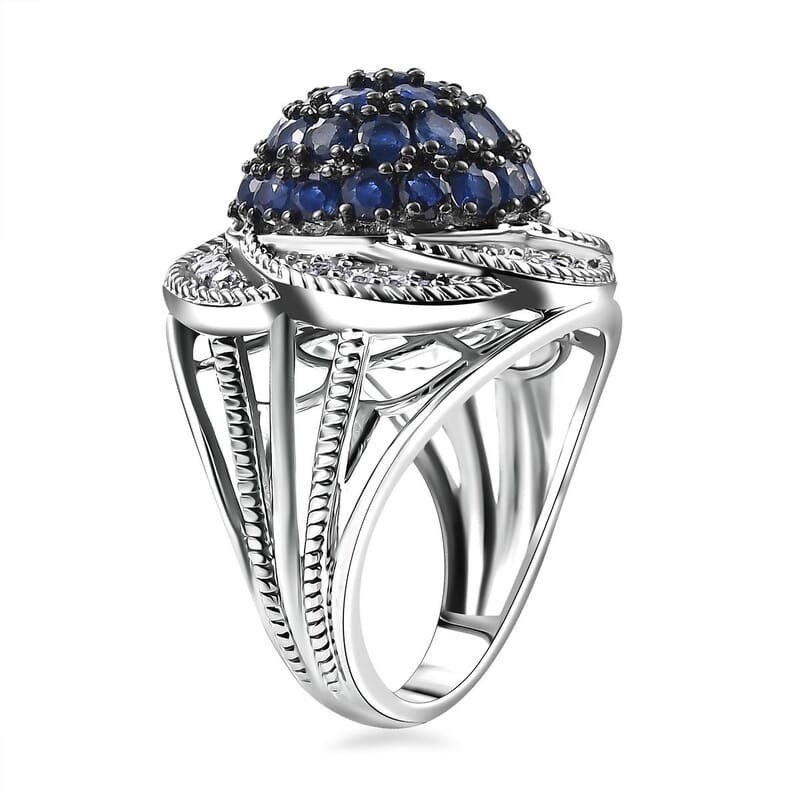 D'Joy Madagascar Blue Sapphire and White Zircon 3.25 ctw Radiant Galaxy Ring in Rhodium Over Sterling Silver (Size 10.0)