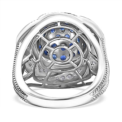 D'Joy Madagascar Blue Sapphire and White Zircon 3.25 ctw Radiant Galaxy Ring in Rhodium Over Sterling Silver (Size 10.0)